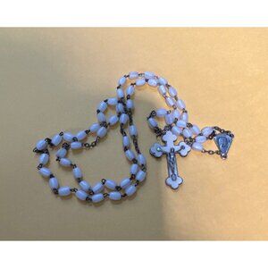 Vintage White Beaded Rosary With Crucifix & Virgin Mary Medallion Religion
